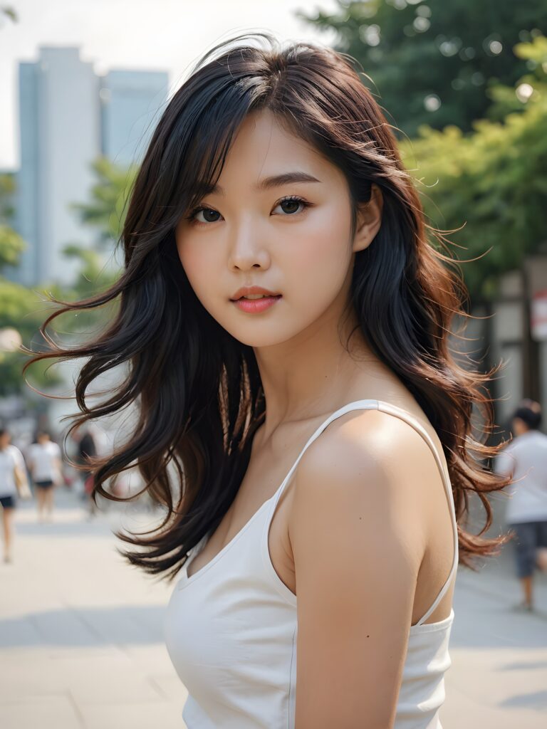 a (((cute Korean model girl))) with long, wavy black hair and flowing, side-swept bangs, wearing a white short cropped tank top, perfect curved body