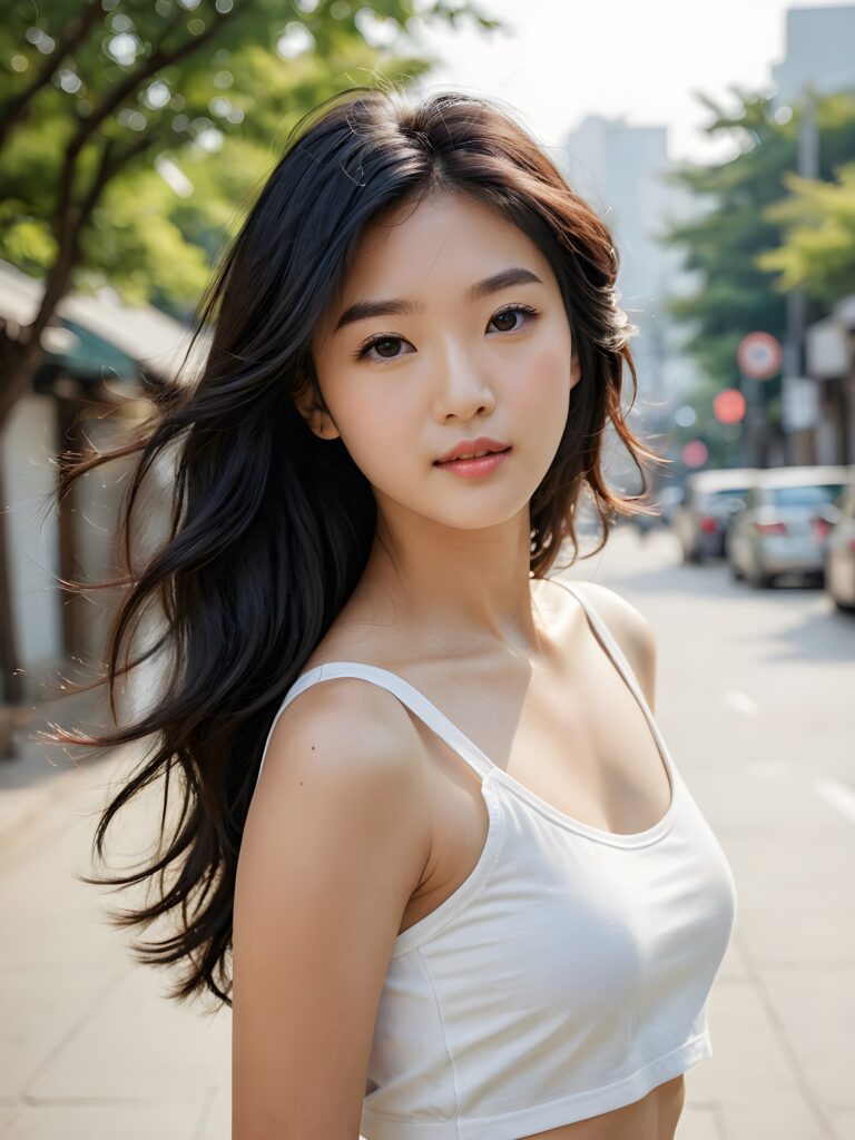 a (((cute Korean model girl))) with long, wavy black hair and flowing, side-swept bangs, wearing a white short cropped tank top, perfect curved body