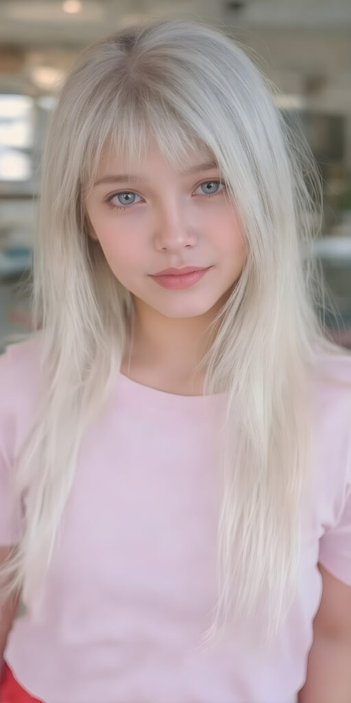 a (((cute adult girl))) with (((thoughtfully long soft white straight hair))), that gently curls into a (((playful but welcoming pose))), as she gives off an air of (carefulness and attention to detail) in her expression. Her (((vividly beautiful eyes))), which exude a sense of (curious intelligence), are framed by (full, defined kissable lips) that convey a feeling of (playfulness). She's dressed in a (softly fitted pink T-shirt), perfect body