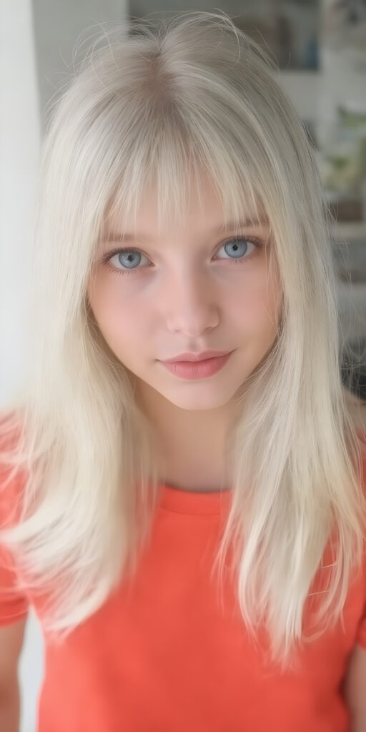 a (((cute adult girl))) with (((thoughtfully long soft white straight hair))), that gently curls into a (((playful but welcoming pose))), as she gives off an air of (carefulness and attention to detail) in her expression. Her (((vividly beautiful eyes))), which exude a sense of (curious intelligence), are framed by (full, defined kissable lips) that convey a feeling of (playfulness). She's dressed in a (softly fitted pink T-shirt), perfect body