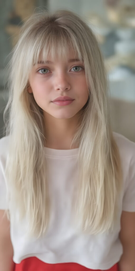 a (((cute adult girl))) with (((thoughtfully long soft white straight hair))), that gently curls into a (((playful but welcoming pose))), as she gives off an air of (carefulness and attention to detail) in her expression. Her (((vividly beautiful eyes))), which exude a sense of (curious intelligence), are framed by (full, defined kissable lips) that convey a feeling of (playfulness). She's dressed in a (softly fitted pink T-shirt), perfect body