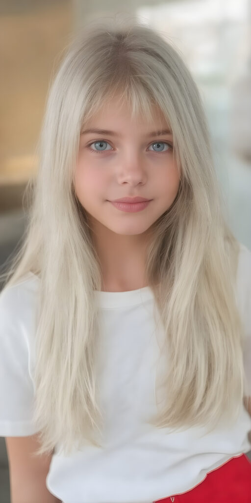 a (((cute adult girl))) with (((thoughtfully long soft white straight hair))), that gently curls into a (((playful but welcoming pose))), as she gives off an air of (carefulness and attention to detail) in her expression. Her (((vividly beautiful eyes))), which exude a sense of (curious intelligence), are framed by (full, defined kissable lips) that convey a feeling of (playfulness). She's dressed in a (softly fitted pink T-shirt), perfect body