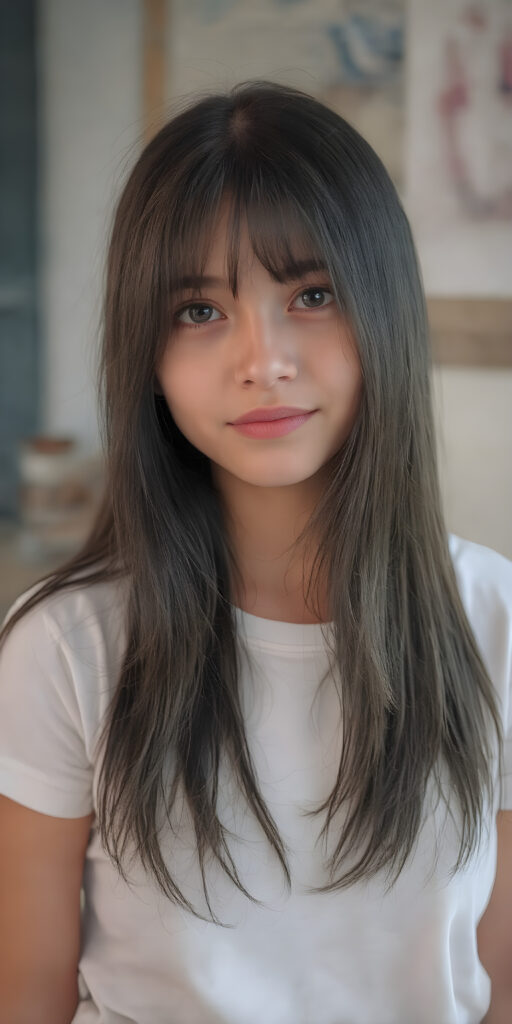 a (((cute adult girl))) with (((thoughtfully long soft black straight hair))), that gently curls into a (((playful but welcoming pose))), as she gives off an air of (carefulness and attention to detail) in her expression. Her (((vividly beautiful eyes))), which exude a sense of (curious intelligence), are framed by (full, defined kissable lips) that convey a feeling of (playfulness). She's dressed in a (softly fitted white T-shirt), perfect body