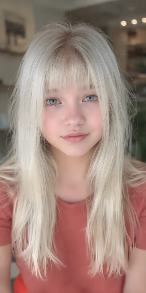 a (((cute adult girl))) with (((thoughtfully long soft white straight hair))), that gently curls into a (((playful but welcoming pose))), as she gives off an air of (carefulness and attention to detail) in her expression. Her (((vividly beautiful eyes))), which exude a sense of (curious intelligence), are framed by (full, defined kissable lips) that convey a feeling of (playfulness). She's dressed in a (softly fitted pink T-shirt), perfect body