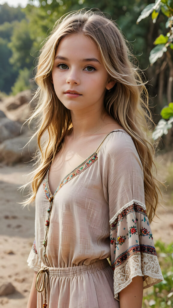 a cute and young hippie girl, lightly dressed, 14 years old, blond straight long messy hair, flawless skin, ((stunning)) ((gorgeous)) ((detailed full body portrait)), ((empty background)), ((full lips))