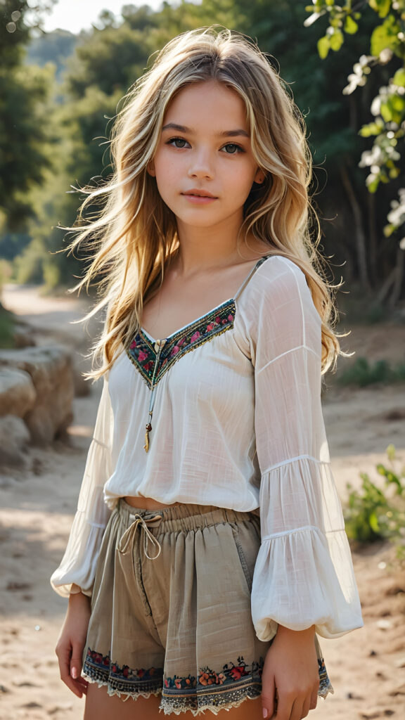 a cute and young hippie girl, lightly dressed, 14 years old, blond straight long messy hair, flawless skin, ((stunning)) ((gorgeous)) ((detailed full body portrait)), ((empty background)), ((full lips))