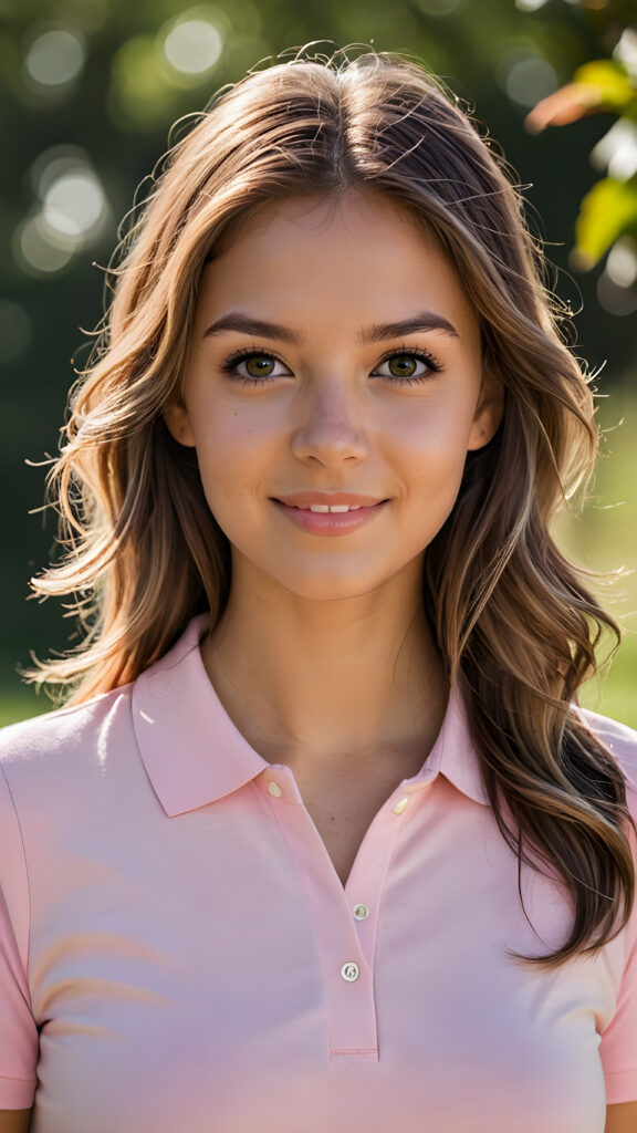 a (((cute))) (((detailed and realistic))) ((young adult)) (((female))) with long, flowing, voluminous, dark brown hair featuring blonde highlights, large, detailed and matching eyes, wearing a (((thin form-fitting plain pink polo shirt))), ((tanned skin)), (((gorgeous))), ((stunning)), ((model)), ((smiling)), (((looking into the camera))), (((wearing only skin))), ((completely covered)), ((alluring pose)), ((sunlight catching her hair)), ((face illuminated)), (((looking into the camera)))