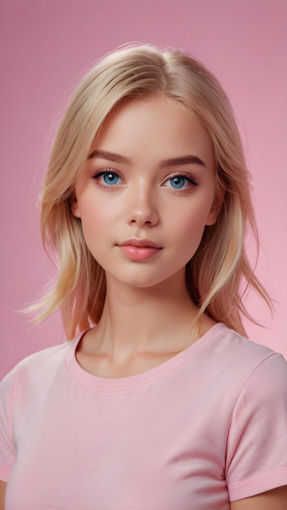 a cute blonde teen girl looks like barbie, soft straight hair, upper-body, ((light pink plain t-shirt)), perfect curved body, light blue eyes, detailed face, pink backdrop