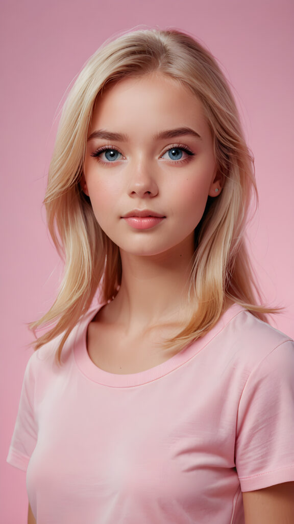 a cute blonde teen girl looks like barbie, soft straight hair, upper-body, ((light pink plain t-shirt)), perfect curved body, light blue eyes, detailed face, pink backdrop