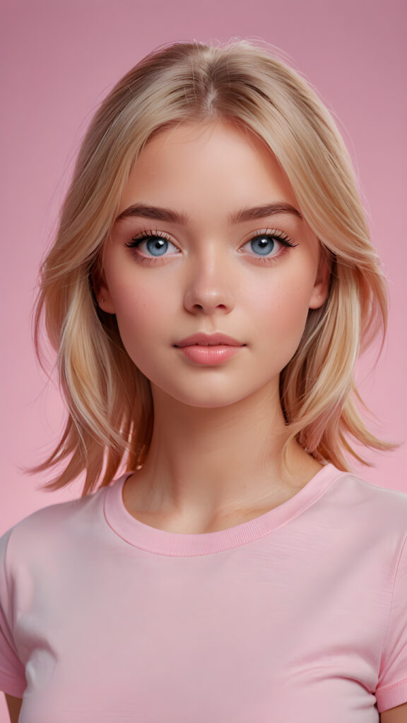 a cute blonde teen girl looks like barbie, soft straight hair, upper-body, ((light pink plain t-shirt)), perfect curved body, light blue eyes, detailed face, pink backdrop