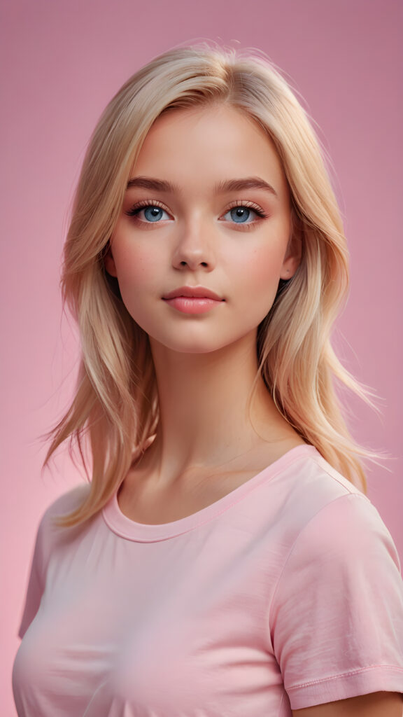 a cute blonde teen girl looks like barbie, soft straight hair, upper-body, ((light pink plain t-shirt)), perfect curved body, light blue eyes, detailed face, pink backdrop