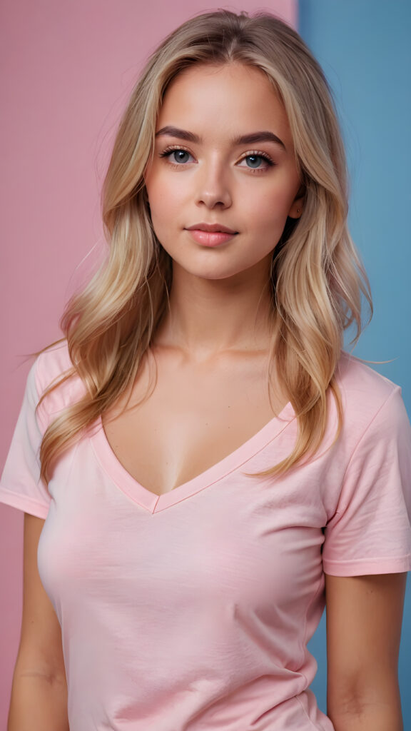 a cute blonde well busty teen girl, soft straight very long jet hair, ((light pink plain t-shirt with deep v-neck)), perfect curved body, light blue eyes, detailed face, pink backdrop