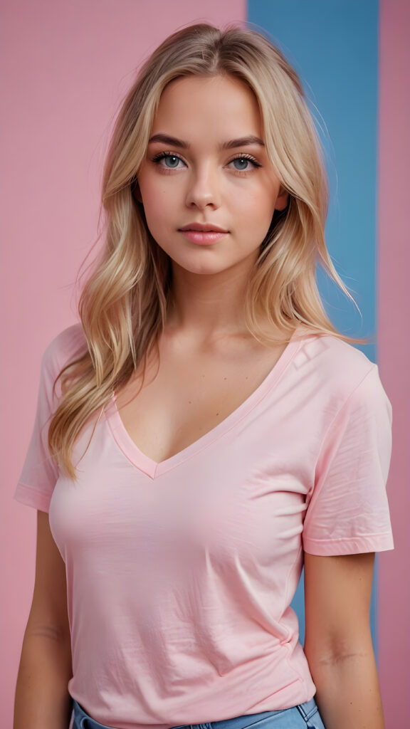 a cute blonde well busty teen girl, soft straight very long jet hair, ((light pink plain t-shirt with deep v-neck)), perfect curved body, light blue eyes, detailed face, pink backdrop