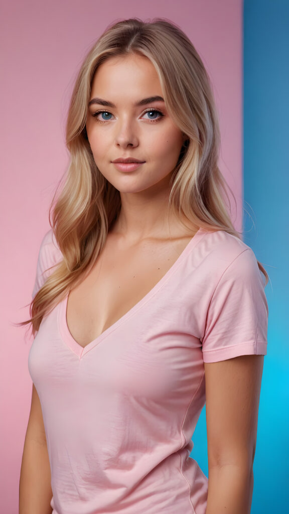 a cute blonde well busty teen girl, soft straight very long jet hair, ((light pink plain t-shirt with deep v-neck)), perfect curved body, light blue eyes, detailed face, pink backdrop