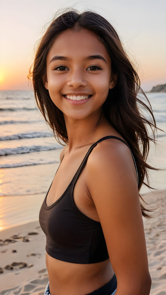 a cute (((brown-skinned teen girlie))), 13 years old, smile, straight black long hair, who exudes an air of seduction with a (((cropped tank top))), exhibiting a perfect curved body, (take a selfie at beach, beautiful sunset)