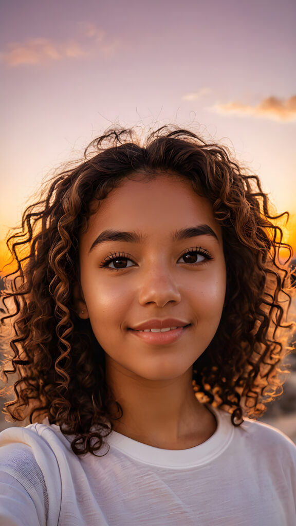 a (((cute brown-skinned teen girl))) with naturally curly, brown-toned hair and a realistically drawn face capturing a perfect moment of taking a selfie against a backdrop of a (((gorgeous sunset))), with its radiant hues bouncing off her skin