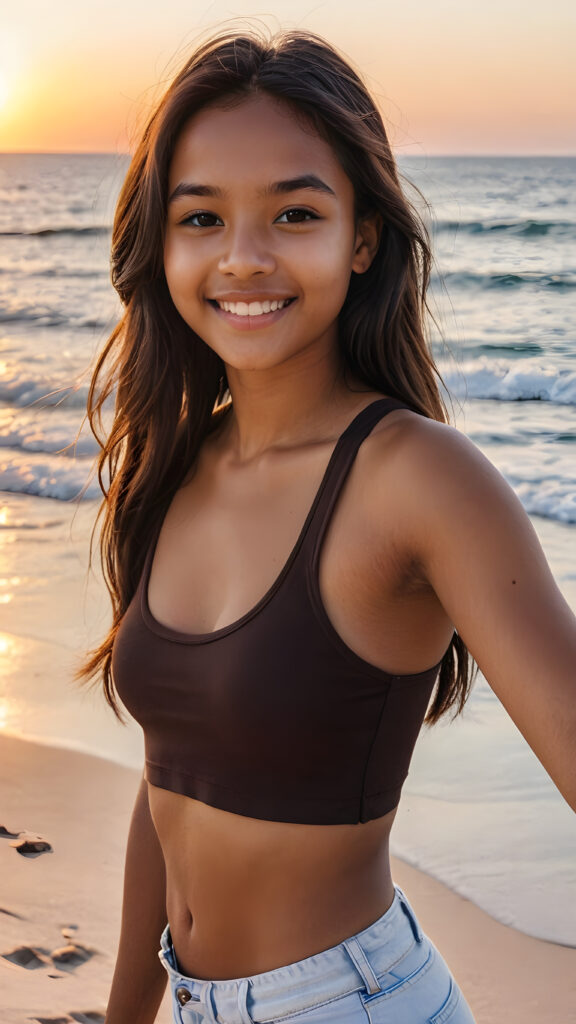 a cute (((brown-skinned teen girlie))), 13 years old, smile, straight black long hair, who exudes an air of seduction with a (((cropped tank top))), exhibiting a perfect curved body, (take a selfie at beach, beautiful sunset)