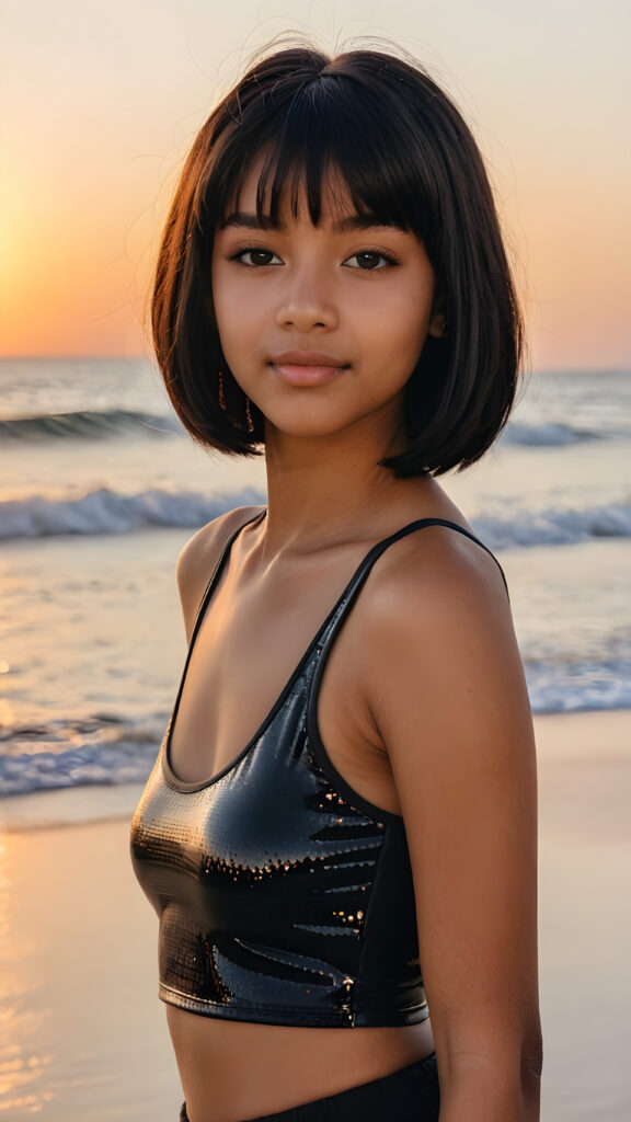 a (((cute brown-skinned teen girl))) aged 13, with a (((straight, glossy black bob))), radiating a sense of seduction as she poses confidently in a (((cropped tank top))), highlighting her perfectly curved figure against a backdrop of a (gorgeous sunset at the beach)