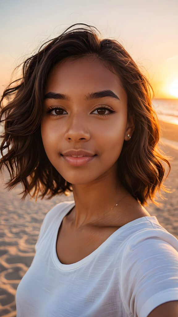 a (((cute brown-skinned teen girl))) take a selfie (gorgeous sunset at the beach)