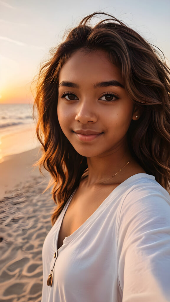 a (((cute brown-skinned teen girl))) take a selfie (gorgeous sunset at the beach)