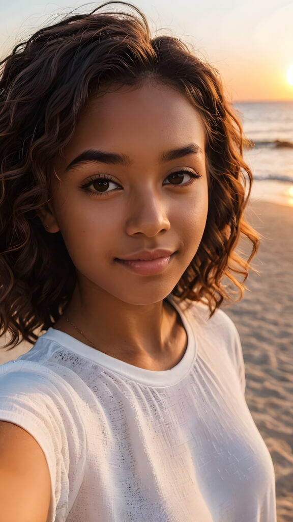 a (((cute brown-skinned teen girl))) take a selfie (gorgeous sunset at the beach)