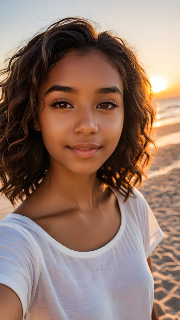 a (((cute brown-skinned teen girl))) take a selfie (gorgeous sunset at the beach)