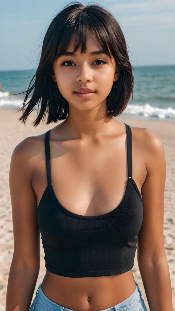 a cute (((dark-skinned teen girlie))), straight black long hair in bangs cut, who exudes an air of seduction with a (((cropped tank top))), exhibiting a perfect curved body, (take a selfie at beach)