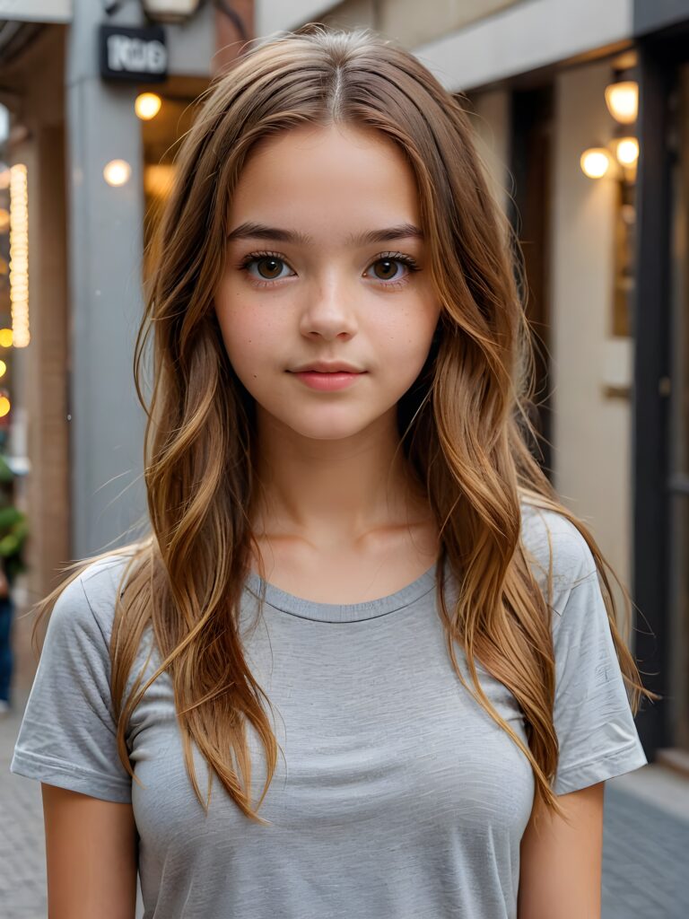 a cute detailed and realistic teen girl, detailed long brown-gold full hair, full portrait, thin form-fitting grey t-shirt, ((gorgeous)) ((stunning)) ((model))