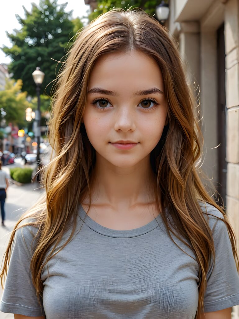 a cute detailed and realistic teen girl, detailed long brown-gold full hair, full portrait, thin form-fitting grey t-shirt, ((gorgeous)) ((stunning)) ((model))