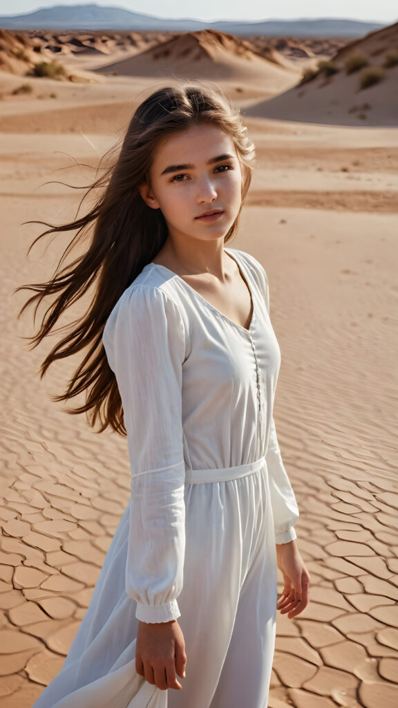 a cute girl, 16 years old, white dressed, she stands alone in the middle of a sandy desert, her long hair blows in the wind ((realistic detailed photo))