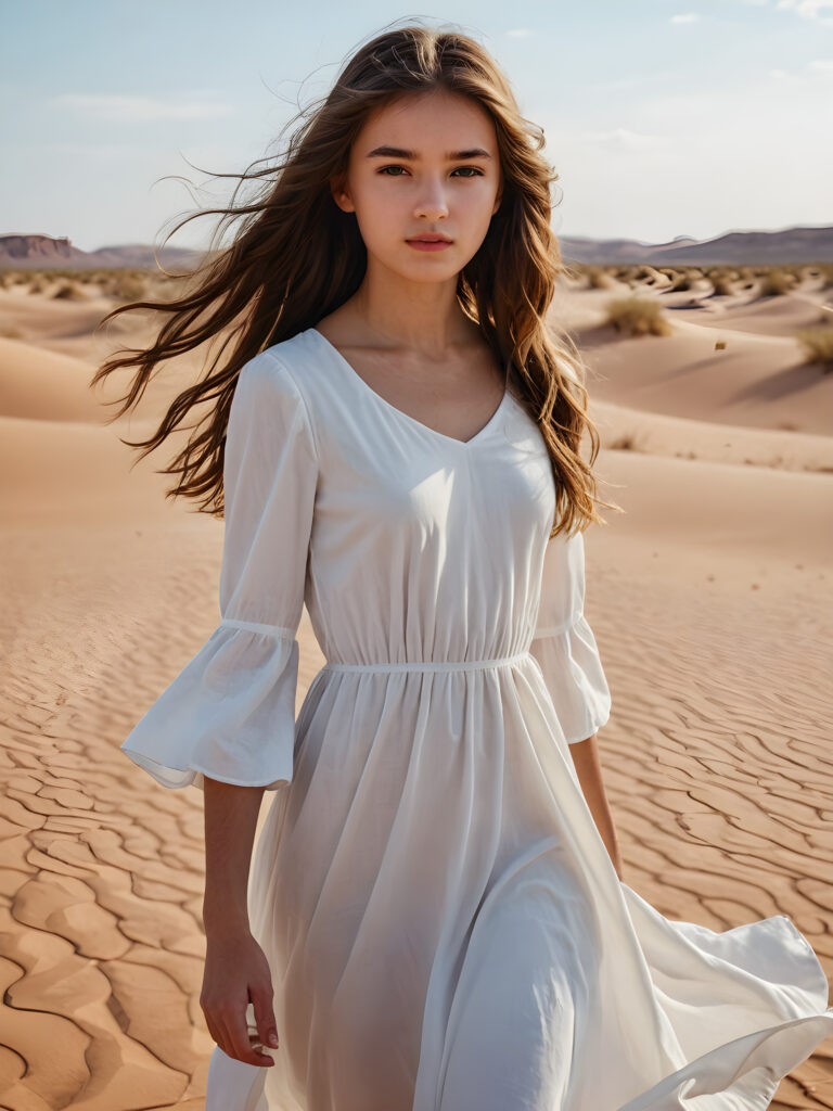 a cute girl, 16 years old, white dressed, she stands alone in the middle of a sandy desert, her long hair blows in the wind ((realistic detailed photo))