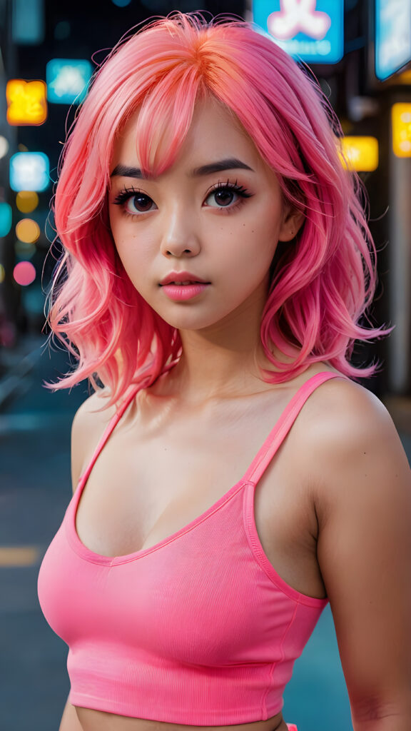 a (((cute girl))), ((pretty face)), (((perfect body))), ((neon pink cropped tank top, deep v-neck)), (((perfect curvy body))), ((beautiful long straight jet neon pink hair)), ((thick eyebrows)), ((full lips)) (((perfect large cute eyes))), ((pretty face)), ((cute stabs)), ((perfect curvy body)), (((korean))))