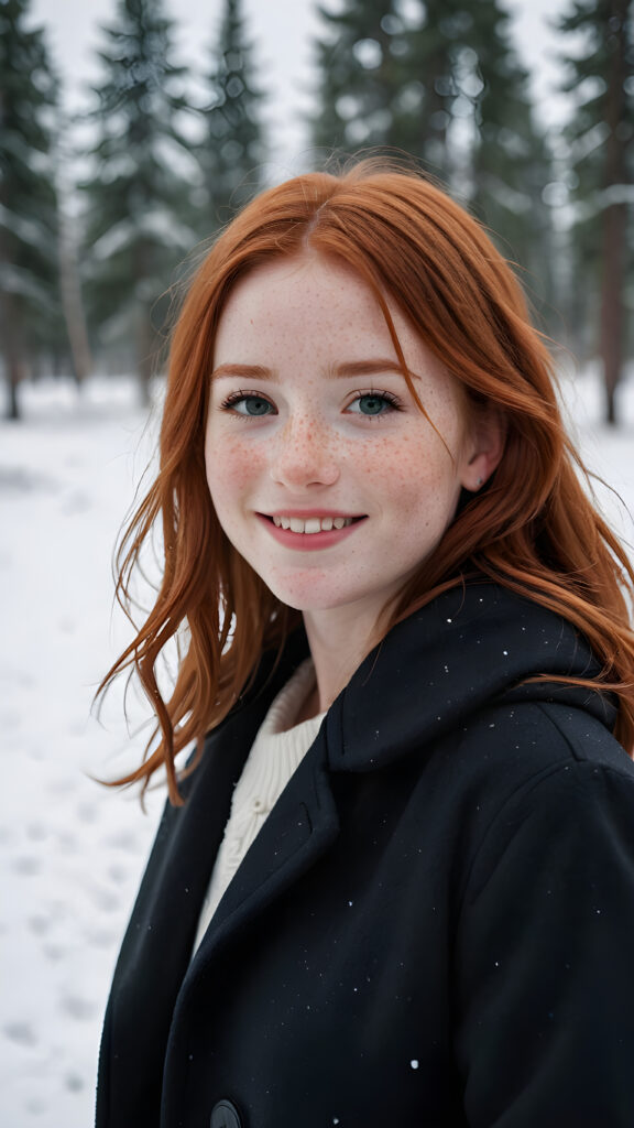 a cute little red-haired girl with freckles. Shoulder-length, straight hair. She is wearing a thick black coat and is standing in a white, snowy landscape. She is very happy and smiling. She has a chubby face. Perfect shot. Beautiful. Enchanting.