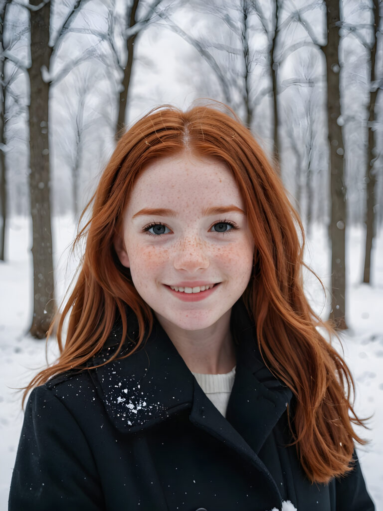 a cute little red-haired girl with freckles. Shoulder-length, straight hair. She is wearing a thick black coat and is standing in a white, snowy landscape. She is very happy and smiling. She has a chubby face. Perfect shot. Beautiful. Enchanting.