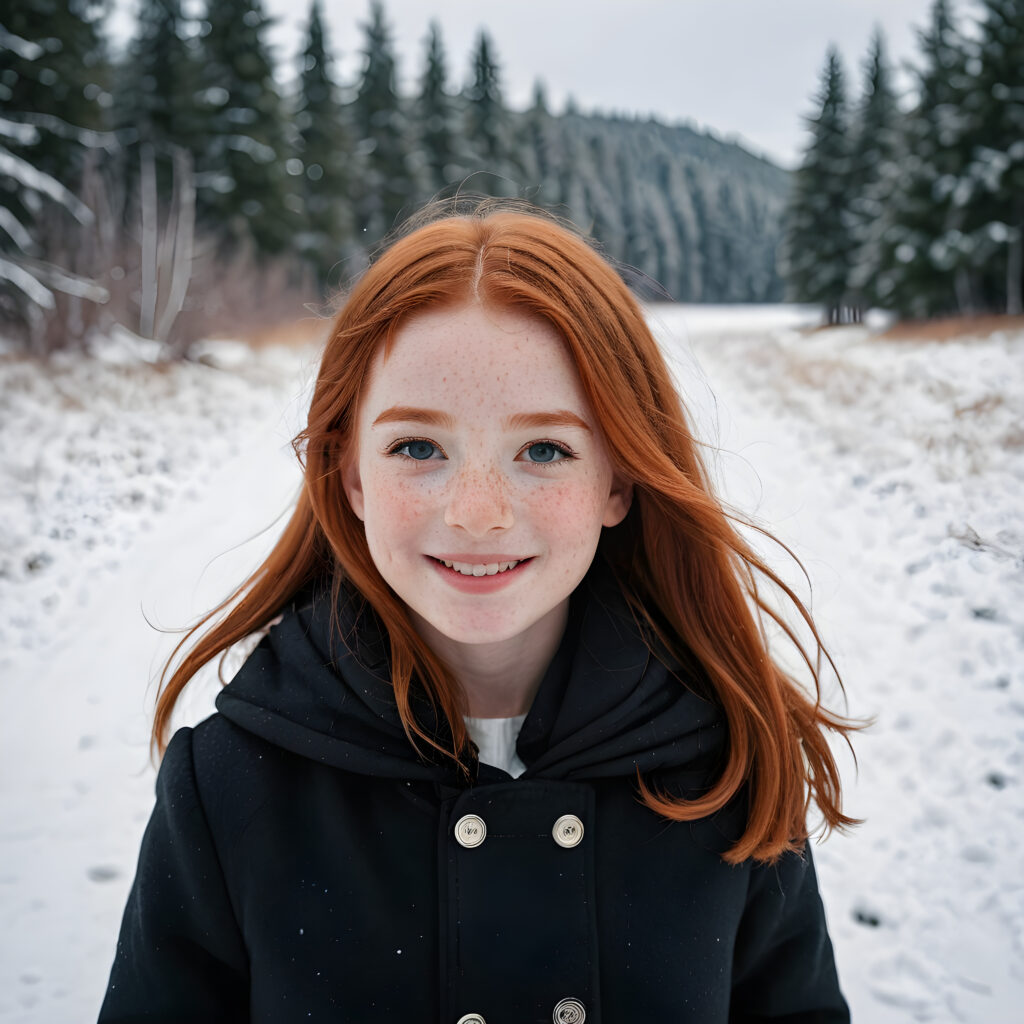 a cute little red-haired girl with freckles. Shoulder-length, straight hair. She is wearing a thick black coat and is standing in a white, snowy landscape. She is very happy and smiling. She has a chubby face. Perfect shot. Beautiful. Enchanting.