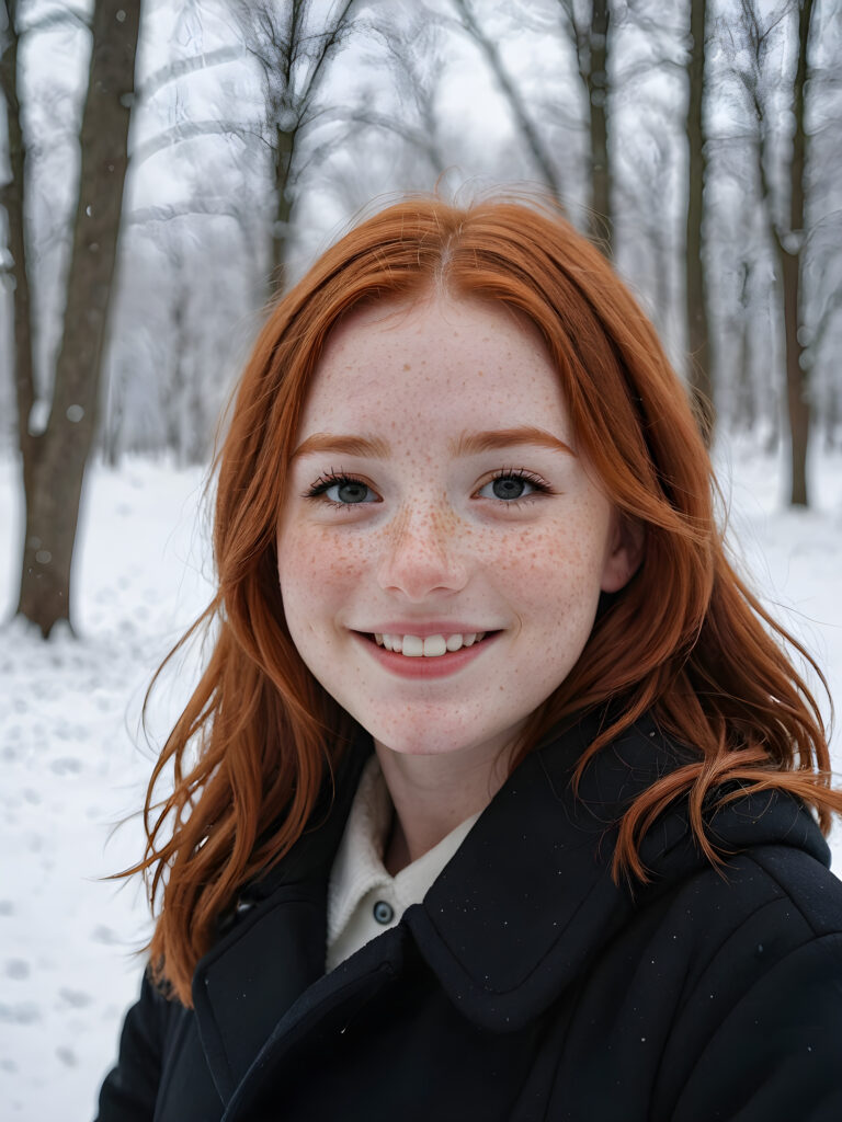 a cute little red-haired girl with freckles. Shoulder-length, straight hair. She is wearing a thick black coat and is standing in a white, snowy landscape. She is very happy and smiling. She has a chubby face. Perfect shot. Beautiful. Enchanting.