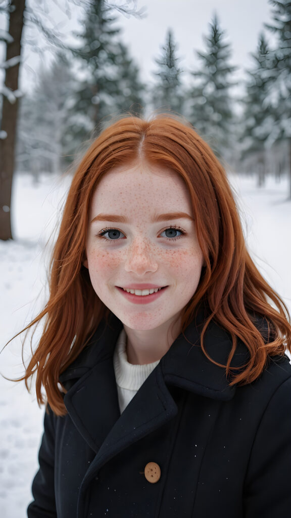 a cute little red-haired girl with freckles. Shoulder-length, straight hair. She is wearing a thick black coat and is standing in a white, snowy landscape. She is very happy and smiling. She has a chubby face. Perfect shot. Beautiful. Enchanting.