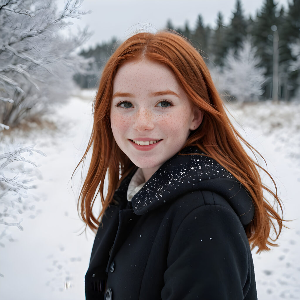 a cute little red-haired girl with freckles. Shoulder-length, straight hair. She is wearing a thick black coat and is standing in a white, snowy landscape. She is very happy and smiling. She has a chubby face. Perfect shot. Beautiful. Enchanting.