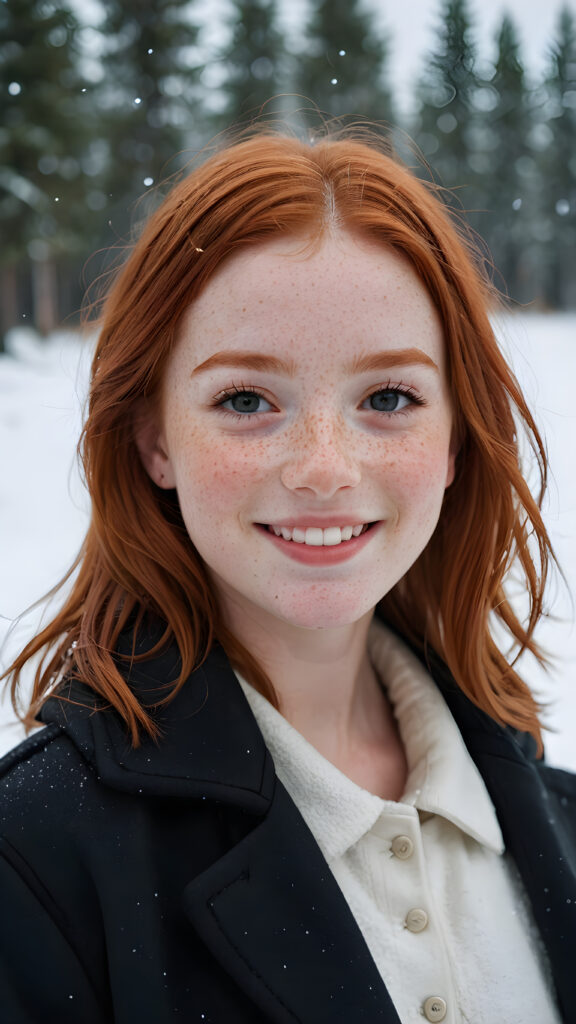 a cute little red-haired girl with freckles. Shoulder-length, straight hair. She is wearing a thick black coat and is standing in a white, snowy landscape. She is very happy and smiling. She has a chubby face. Perfect shot. Beautiful. Enchanting.