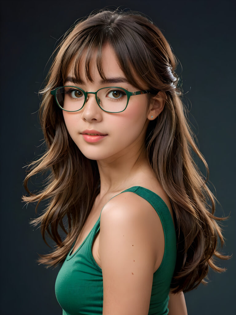 a cute nerd girl with long, brown shoulder-length jet soft flowing hair, wearing a large, dark green prescription glasses. She has bangs that are parted to the side. Her eyes are dark brown. She wears a short form-fitting cropped green tank top that support and emphasizes her perfect body, ((dark background)) ((gorgeous)) ((stunning)) ((perfect portrait))