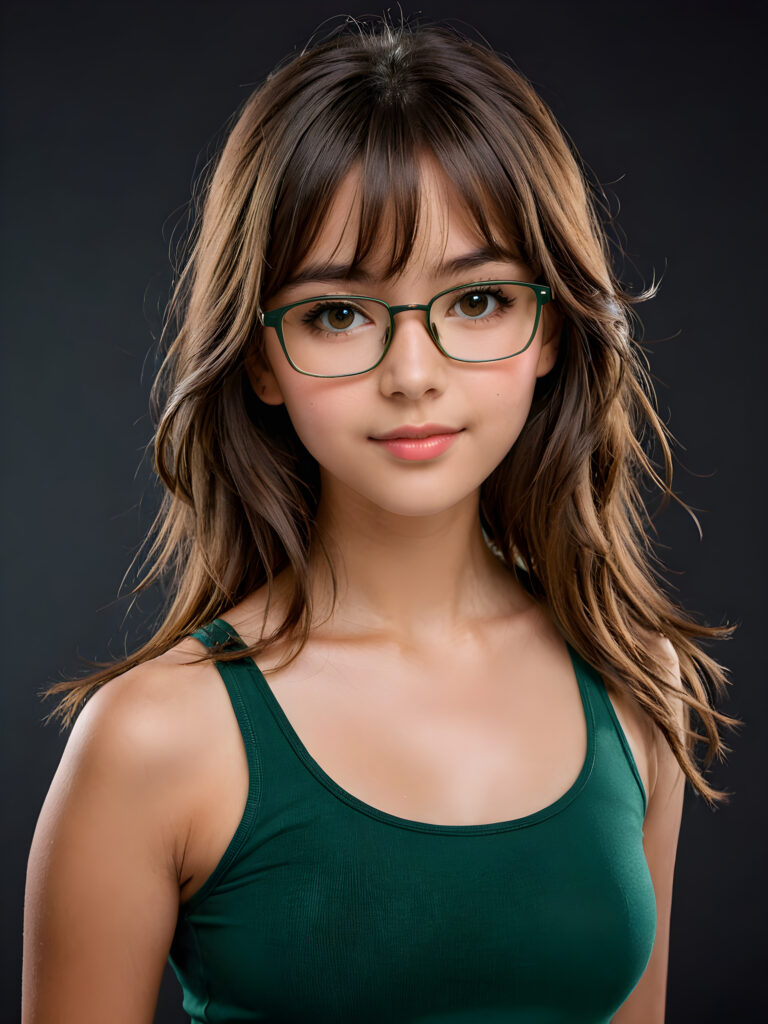 a cute nerd girl with long, brown shoulder-length jet soft flowing hair, wearing a large, dark green prescription glasses. She has bangs that are parted to the side. Her eyes are dark brown. She wears a short form-fitting cropped green tank top that support and emphasizes her perfect body, ((dark background)) ((gorgeous)) ((stunning)) ((perfect portrait))