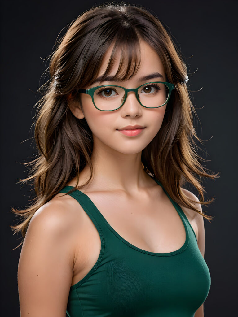 a cute nerd girl with long, brown shoulder-length jet soft flowing hair, wearing a large, dark green prescription glasses. She has bangs that are parted to the side. Her eyes are dark brown. She wears a short form-fitting cropped green tank top that support and emphasizes her perfect body, ((dark background)) ((gorgeous)) ((stunning)) ((perfect portrait))