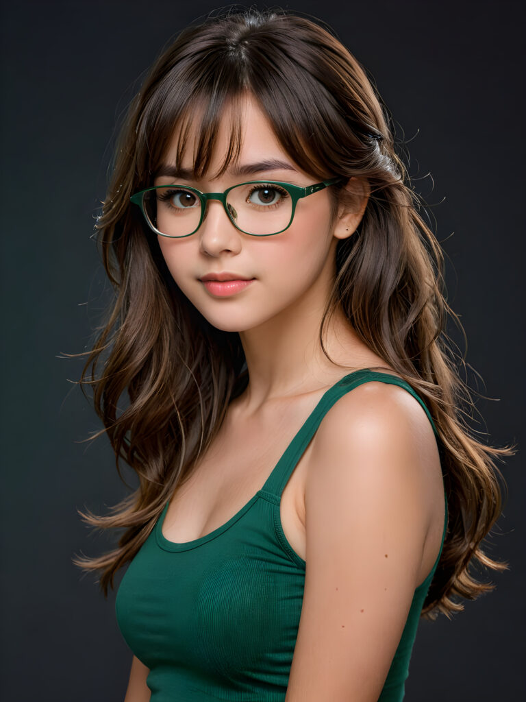 a cute nerd girl with long, brown shoulder-length jet soft flowing hair, wearing a large, dark green prescription glasses. She has bangs that are parted to the side. Her eyes are dark brown. She wears a short form-fitting cropped green tank top that support and emphasizes her perfect body, ((dark background)) ((gorgeous)) ((stunning)) ((perfect portrait))