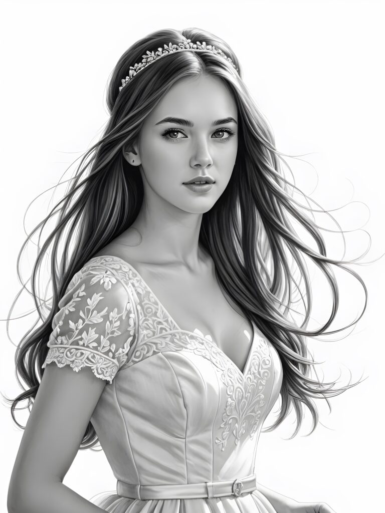 a cute teen bride, long straight hair blowing in the wind, perfect shadows and contrasts support the image, perfect portrait, white background ((detailed pencil drawing))