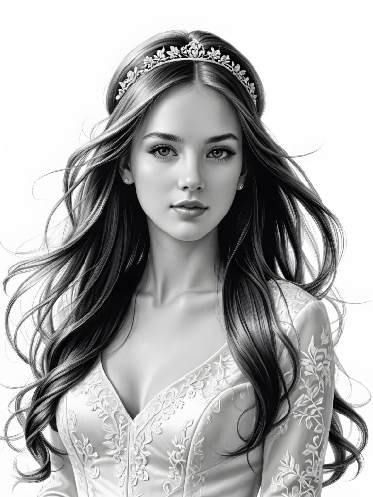 a cute teen bride, long straight hair blowing in the wind, perfect shadows and contrasts support the image, perfect portrait, white background ((detailed pencil drawing))