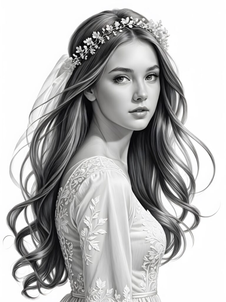 a cute teen bride, long straight hair blowing in the wind, perfect shadows and contrasts support the image, perfect portrait, white background ((detailed pencil drawing))