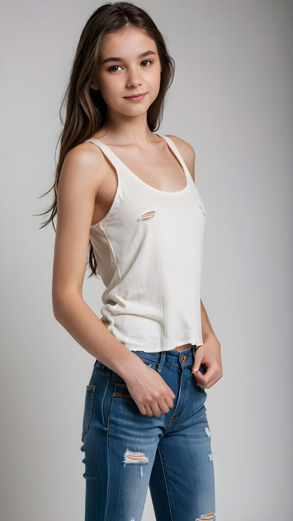 a (((cute teen babe))) aged 16, sleek ((thin tank top made of silk)) paired with short, ((distressed denim jeans)), posed perfectly against a pristine ((white backdrop))