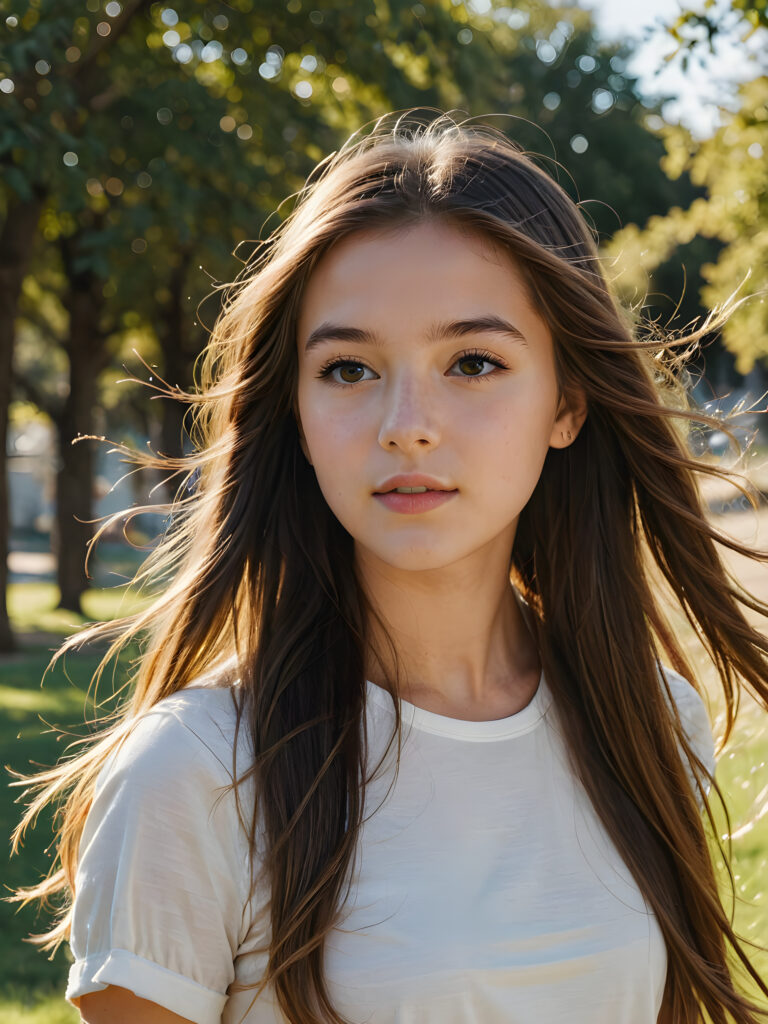 a cute teen girl, long straight hair blowing in the wind, perfect shadows and contrasts support the image