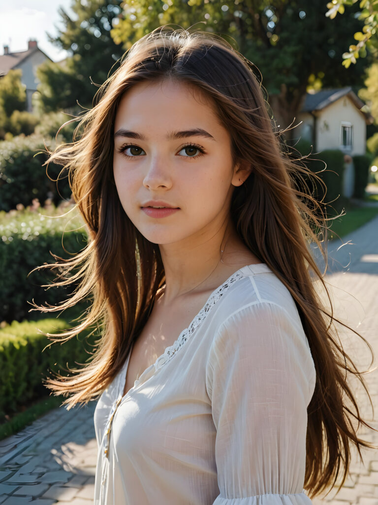 a cute teen girl, long straight hair blowing in the wind, perfect shadows and contrasts support the image