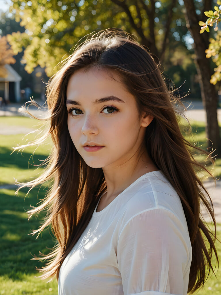 a cute teen girl, long straight hair blowing in the wind, perfect shadows and contrasts support the image